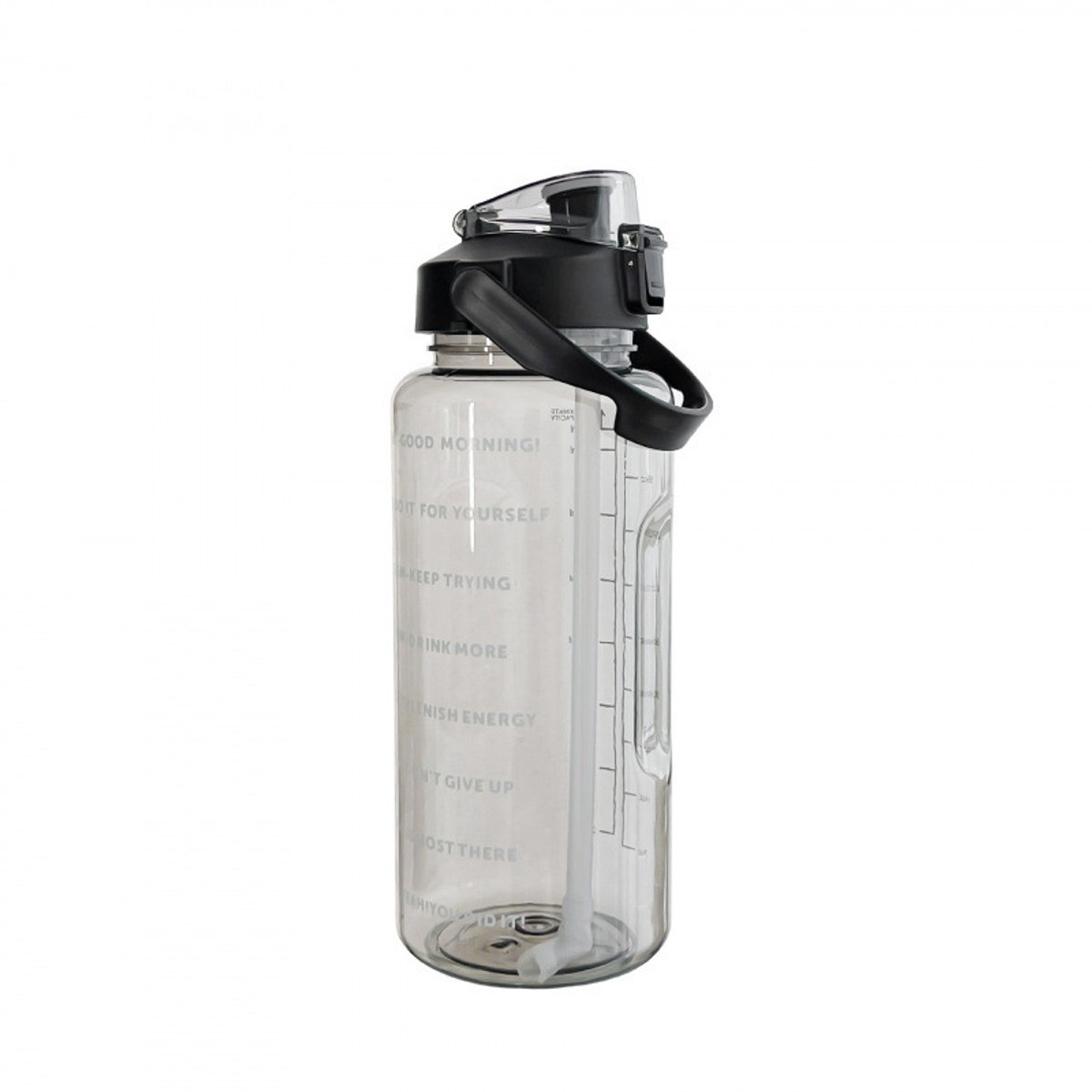 Waterfles - 2 Liter - met Handvat en Rietje - Tijdmarkering - voor School, Sport en Buitenactiviteiten - Zwart