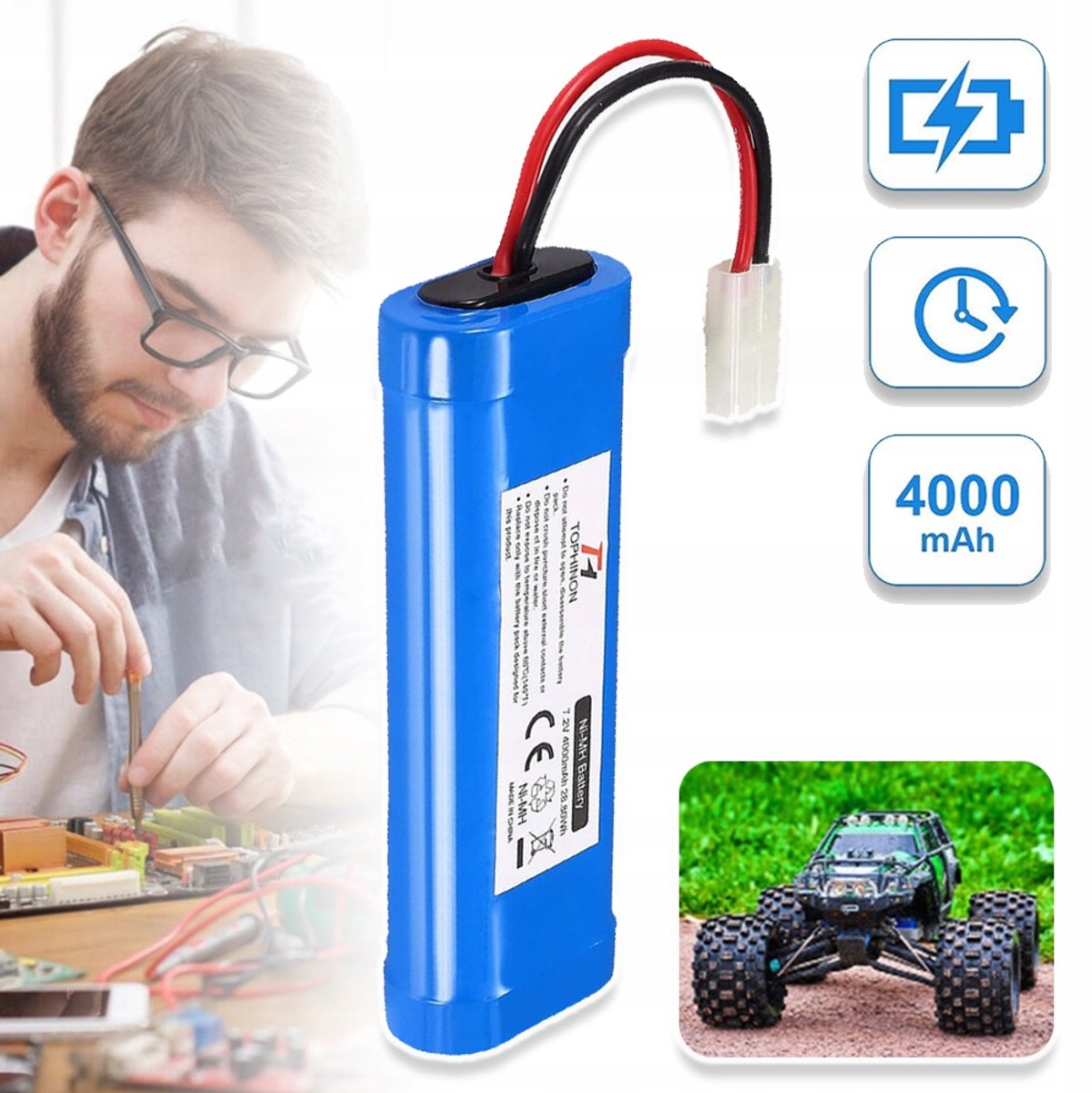 Oplaadbare Ni-Mh-Accu Van 4000 mAh (7,2 V) Voor RC-Auto's En -Trucks - Hoge Prestaties Overlaadbeveiliging Hittebestendige Siliconenkabels