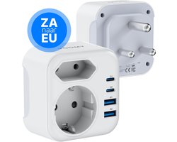 Voomy Reisstekker Zuid Afrika - Wereldstekker Type M - Geschikt voor Zuid-Afrika, India, Nepal, Maleisie, Namibie, Sri Lanka, Singapore - 2x Stopcontact - 2x Usb-C & 2x Usb-A - Wit