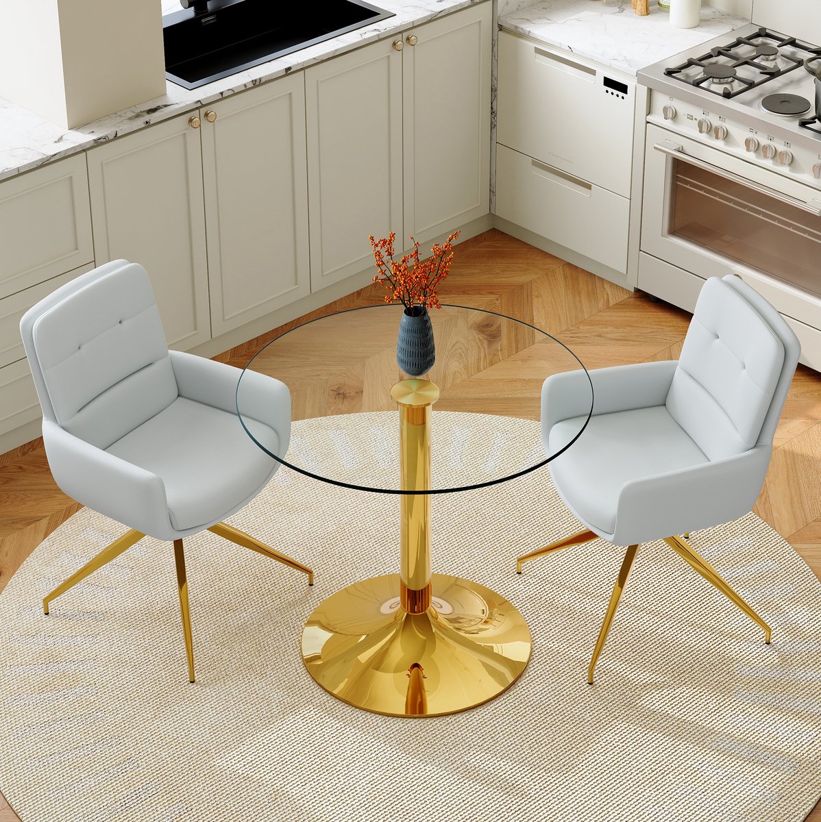 DESMIU Set Tafel En Stoelen 85 Cm - Ronde Glazen Eettafel Met 2 Draaibare Eetkamerstoelen - Voor Eethoek En Woonruimte - Metaal Goud Lichtgrijs