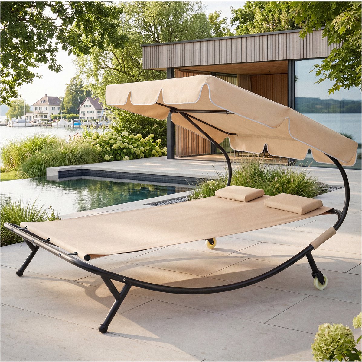 tectake® - Ligbed Livorno voor 2 personen - Zonnebed Ligstoel - Met zonnedak - XL-ligbed - Met wieltjes en hoofdkussens - beige