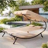 tectake® Ligbed Livorno - 2 personen - Zonnebed - Ligstoel - Met Traploos Verstelbaar Zonnescherm - Weerbestendig XL-Ligbed - Met Wieltjes en 2 Hoofdkussens - Voor Binnen en Buiten - Beige