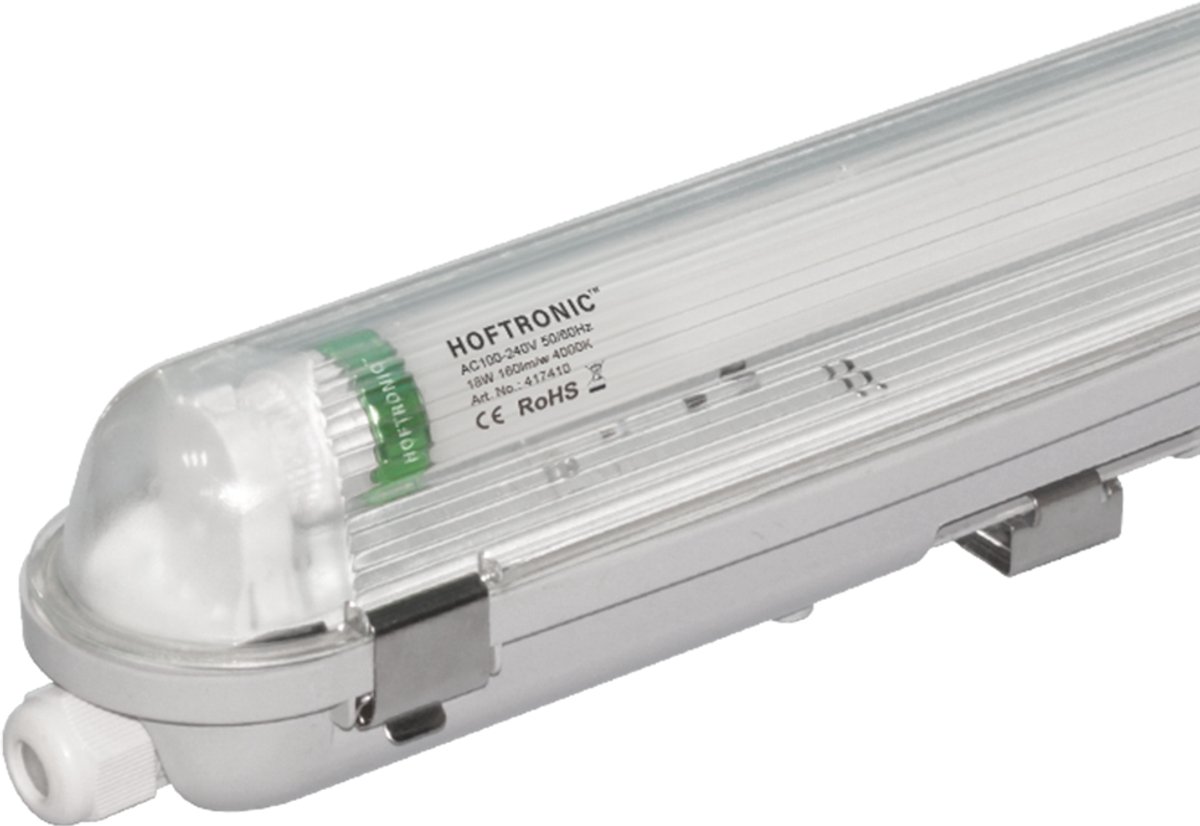 HOFTRONIC LED TL armatuur 60cm - LED - Waterdicht - Flikkervrij - Koppelbaar - 9 Watt - 1440 lumen - 160 lm/W - 230V - 4000K Neutraal wit - TL armatuur voor werkplaatsen, garages, bedrijfshallen en magazijnen Transparant