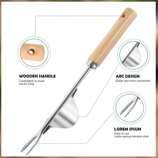 Handmatige onkruidsteker - Onkruidwieder tuin - Onkruid verwijderen - Ergonomisch houten handvat - 33 cm - Zilver — afbeelding 2