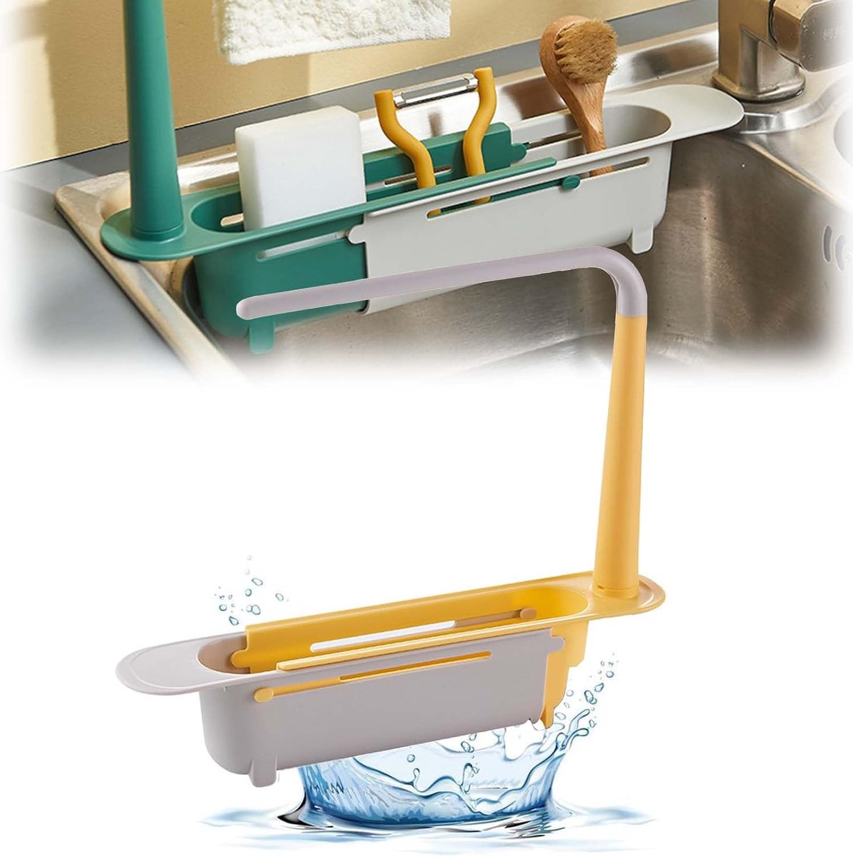 SnelShoppen - Sink Organizer, Verstelbaar 32-38cm, Afwasdoekhouder, Aanpasbare Spons Houder, Onder de Wasbak Organizer met Holle Bodem voor Keuken en