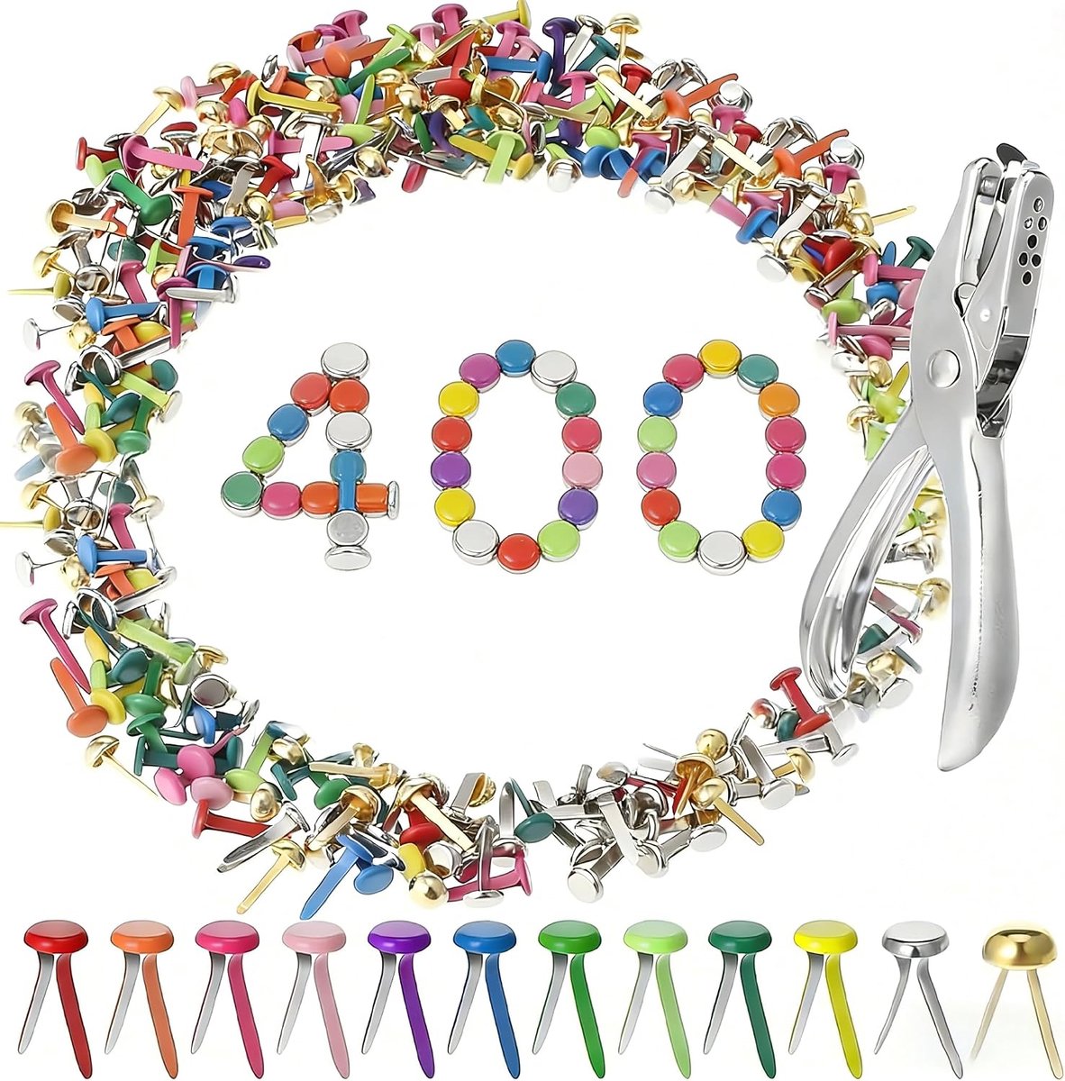 SnelShoppen - 401 Stuks Mini Kleurige Patroon Klemmen 8 x 17mm, Gouden en Zilveren Ronde Hoofd Clips voor Scrapbooking, Creatieve Projecten, School, K
