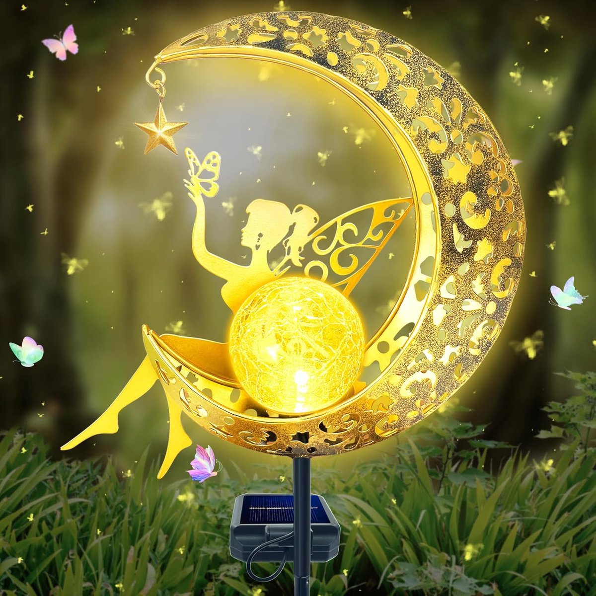 TZEKING Moon & Solar Lights Garden Decoration Garden Lights Waterproof Flower Fairy Solar Lamp with Ground Spike Metal - ShopVlot