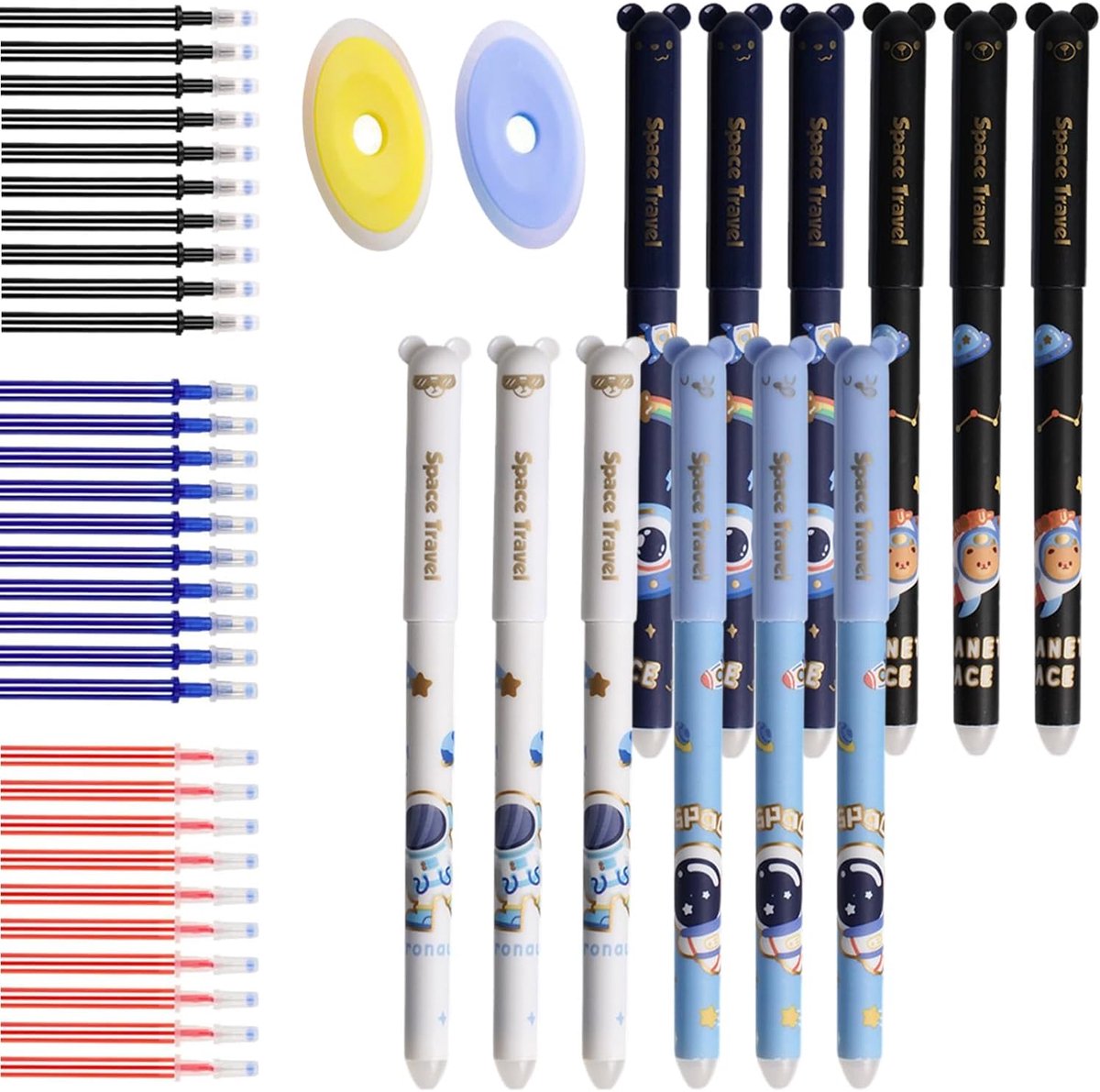 SnelShoppen - Set van 12 Erasable Pens met Astronauten Design, 0.5mm Gel Inkt, 30 Navullingen en 2 Gummetjes voor School en Kantoor, Leuk voor Kindere