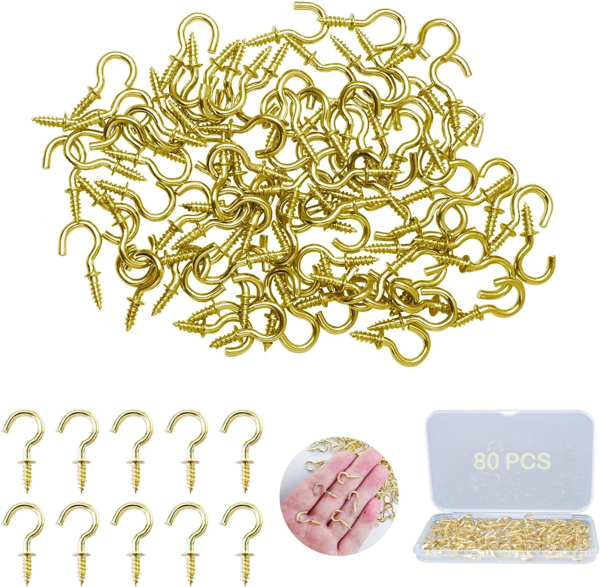 SnelShoppen - Set van 80 Kleine Schroefhaken 1/2 Inch Gouden Schroefhaken Metaal voor Plafond, Geschikt voor Hangen van Planten, Kunst, Decoratie, Ker