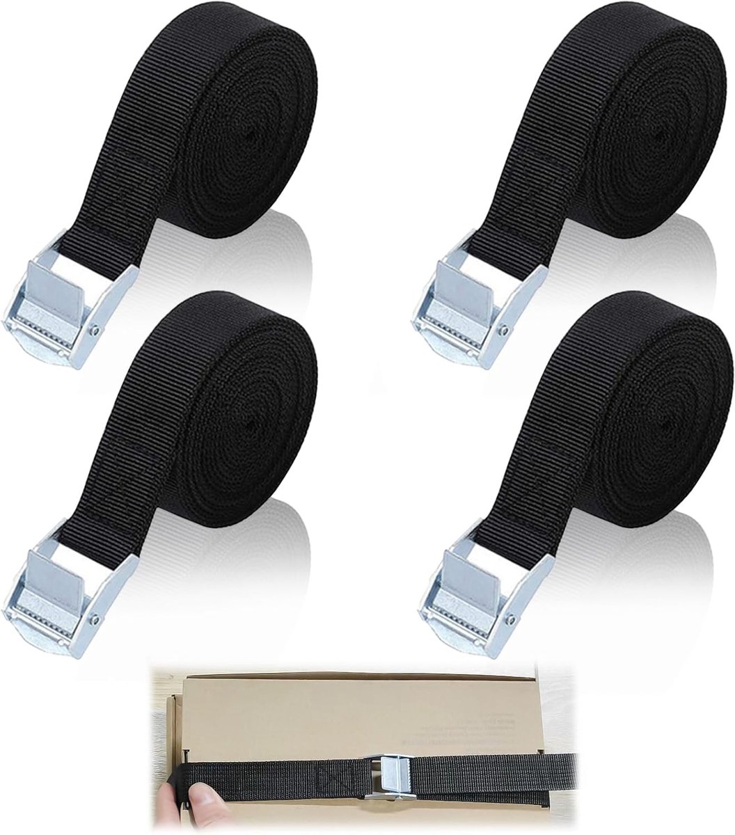 SnelShoppen - Set van 4 Lashing Straps met Ratchet Strap, 25 mm x 5 m Verstelbare Lashing Strap, Zwart, Belastbaar tot 250 kg, Bevestigingsband voor A