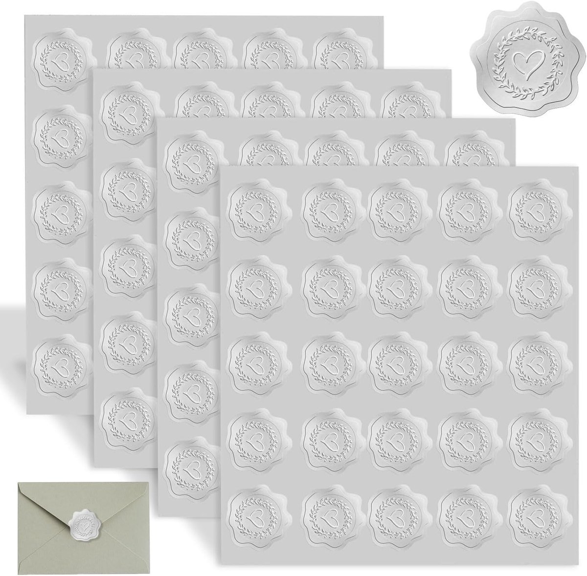 SnelShoppen - 4 vellen van 100 stuks, zilver witte waszegels, zelfklevende stickers, gepersonaliseerde stickers, bruiloft, embossing, wasstempels voor