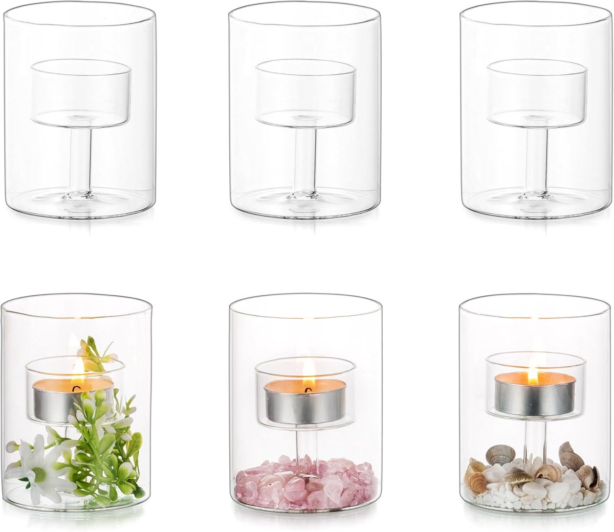 SnelShoppen - Glazen Theelicht Houder Set van 6 - Modern Oranje Kruidnagel Ontwerp - Elegante Cilinder Votive Kaarsenhouders voor Bruiloft Tafel Decor