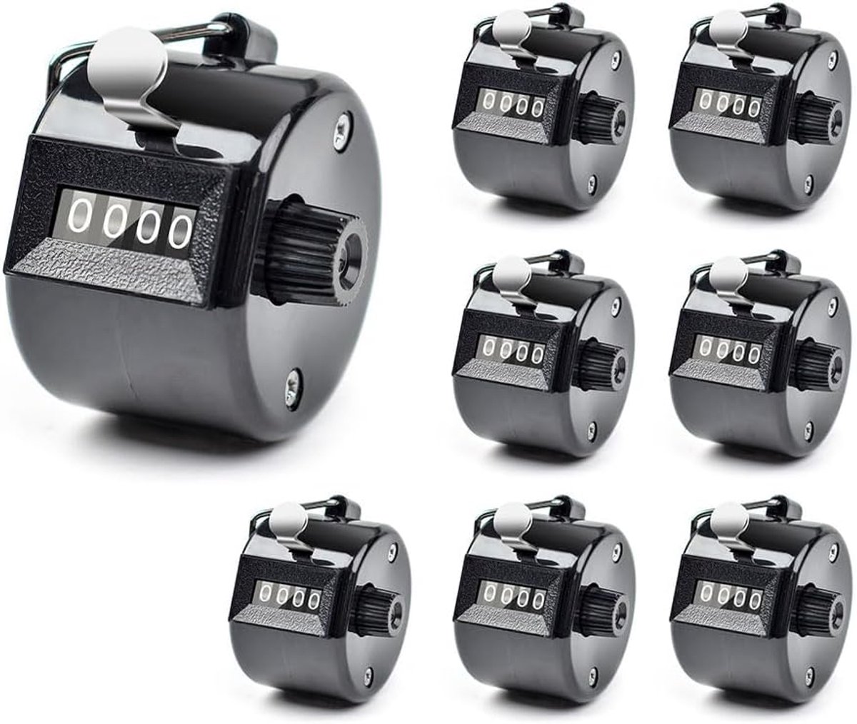 SnelShoppen - 8 Stuks Handtellertjes, Metalen Mechanische Tellertjes, 4 Digit Clicker Teller, Handtelling, Zwart, voor Coaching, Golf Scoring, Vergade