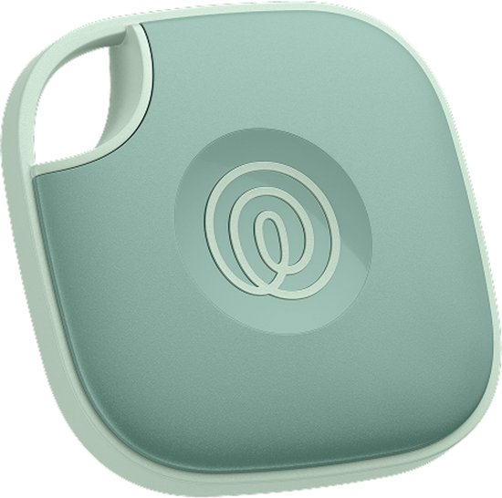 Een lichtgroene Tile-tracker met een lus aan de zijkant en een cirkelvormig patroon in het midden, geïsoleerd op een witte achtergrond.