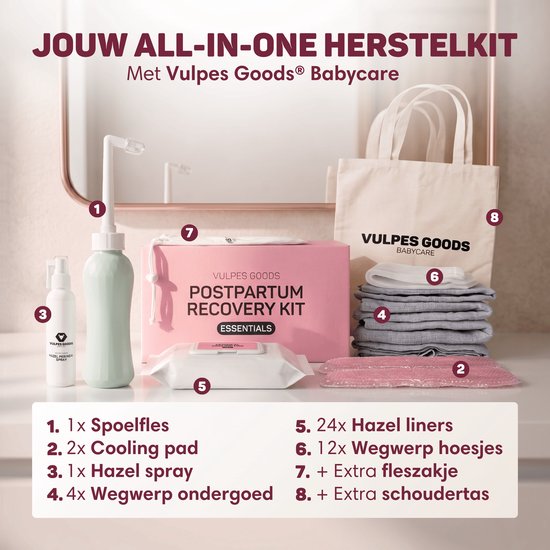 Postpartum Recovery Kit van Vulpes Goods Babycare, met roze doos, peri bottle, koelpad, hazel spray, wegwerp ondergoed, hazel liners, hoesjes en schoudertas.