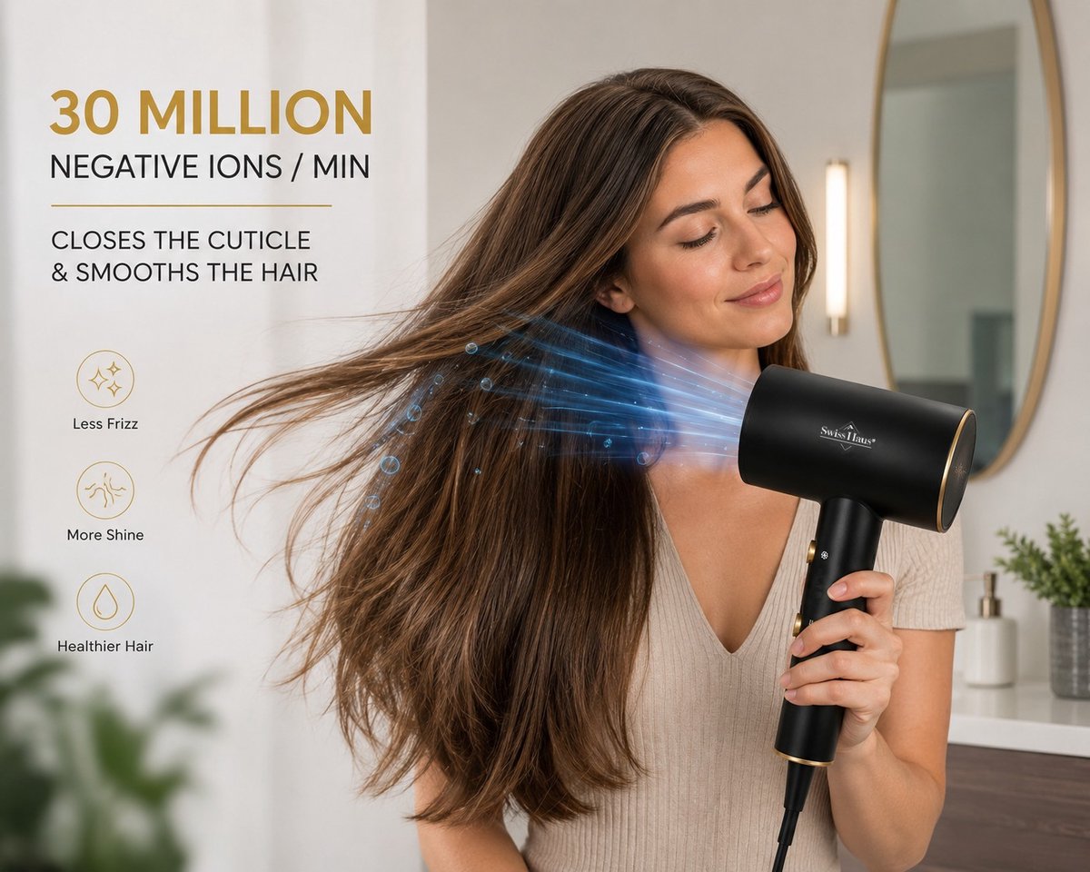 Swiss Haus® HD2320 Föhn 2000W - Professionele Haardroger - Sneldrogend - Cool Shot Functie - 2 Warmtestanden - Concentrator Opzetstuk - Oververhittingsbeveiliging - Zwart/Goud thumbnail 6