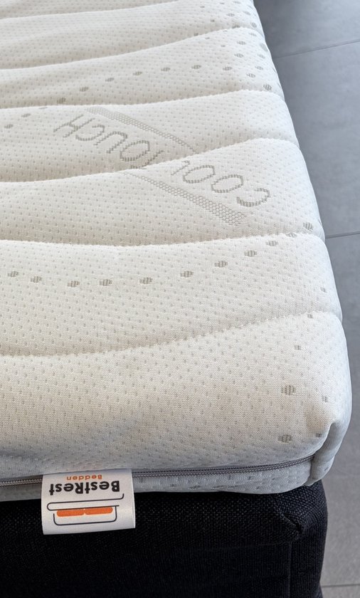 Surmatelas blanc avec étiquette BestRest Bedden. Cousu avec le texte 'CoolTouch'.