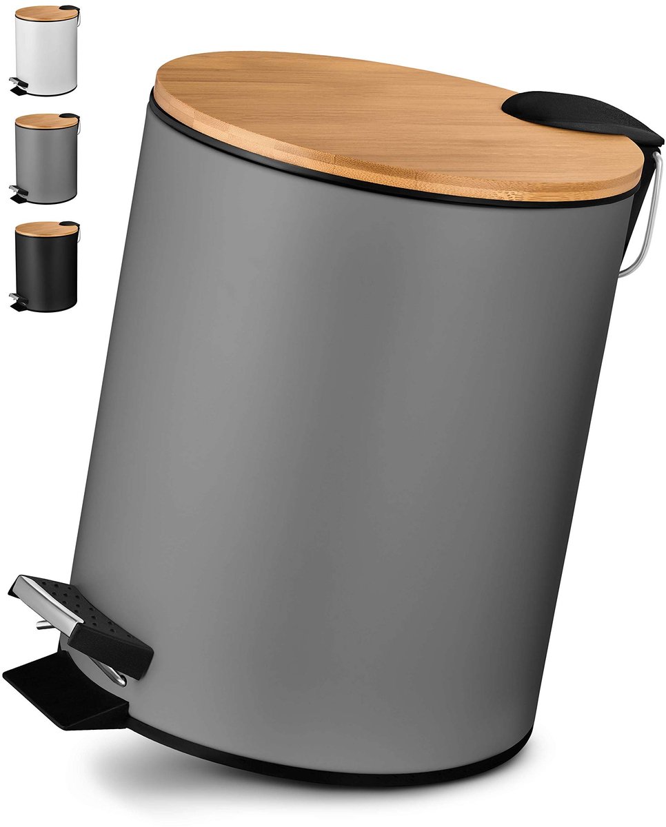Dailygoods- Cosmetica-afvalemmer 5L - Pedaalemmer met softclose - Badkamer prullenbak - Bamboe deksel - Roestvrij staal - Uniek design