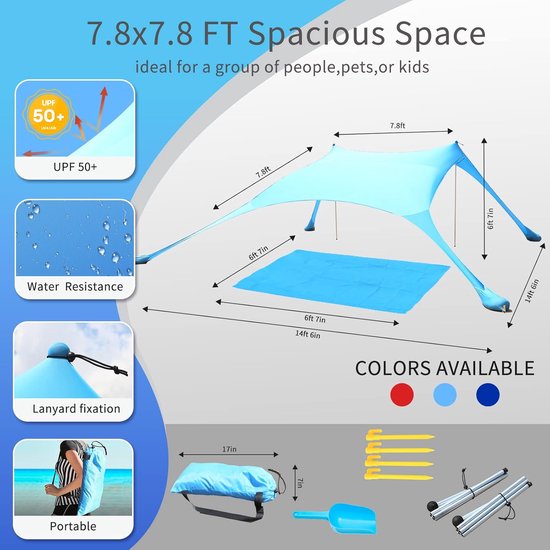 Strandtent Zonnezeil 213 x 213 cm - UPF50+ - Waterdicht Lycra - 2 Aluminium Stokken - 4-zijdige Ventilatie - Voor Strand - Camping & Tuin - Blauw — afbeelding 2