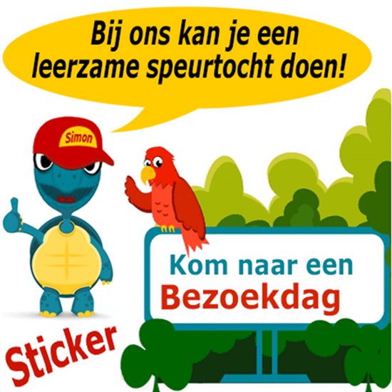 Een schildpad met pet en een papegaai, met tekstballon 'Bij ons kan je een leerzame speurtocht doen!'. Tekst op bord: 'Kom naar een Bezoekdag'.
