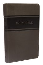 Grijze Bijbel met horizontale zwarte band en de tekst "HOLY BIBLE" in het midden.