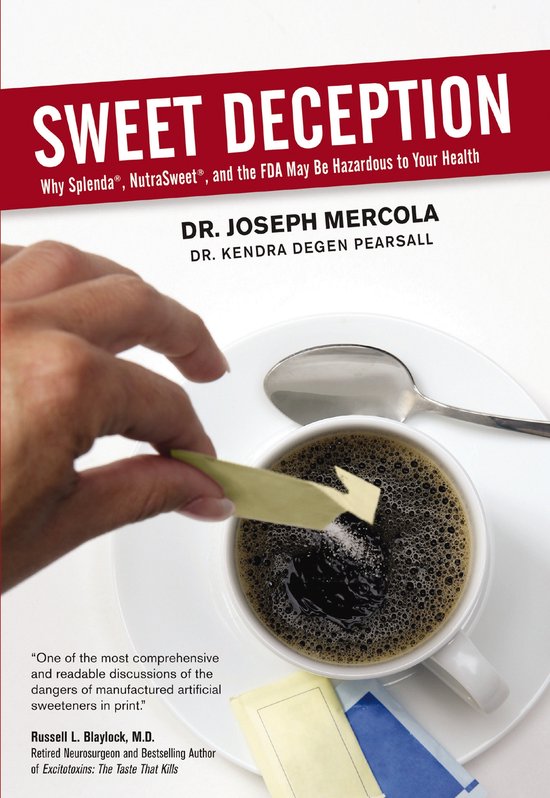 Boekomslag van "Sweet Deception" met een hand die een zoetstofzakje in een kop koffie laat vallen.