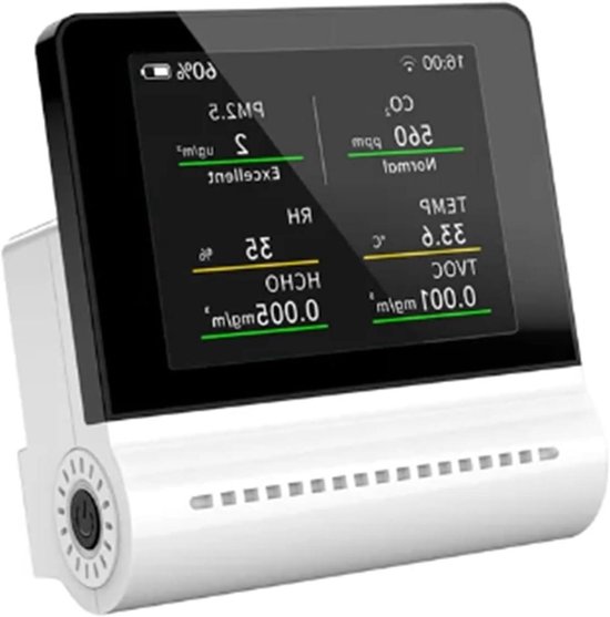 Luchtkwaliteitsmonitor - Binnenluchtmeter - Binnenlucht Meten - Capacitief Touchscreen - 1 kg - Wit Zwart