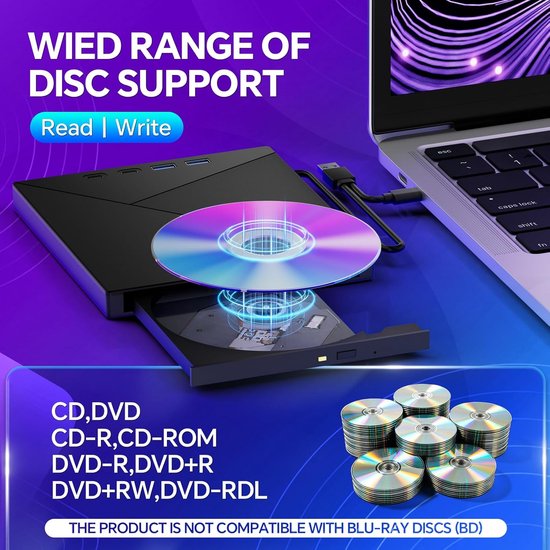 Extern CD/DVD Station geschikt voor Laptop, USB 3.0 & Type-C Draagbare DVD Brander en CD Lezer, met SD-/TF-kaartlezer en USB-Hub, Extern Optisch Station geschikt voor Windows 11/10/8/7, Mac, Linux en PC — afbeelding 3