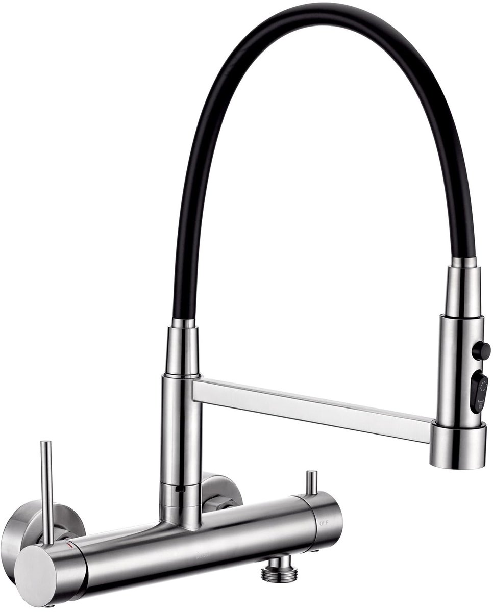 Dailygoods- Keukenkraan wandmontage 3/4 inch aansluiting - Roestvrijstalen wandarmatuur - 3 straalsoorten - Flexibele uitloop - Totale hoogte 385 mm - Multifunctioneel met 360° draaibaar. - Wandkraan