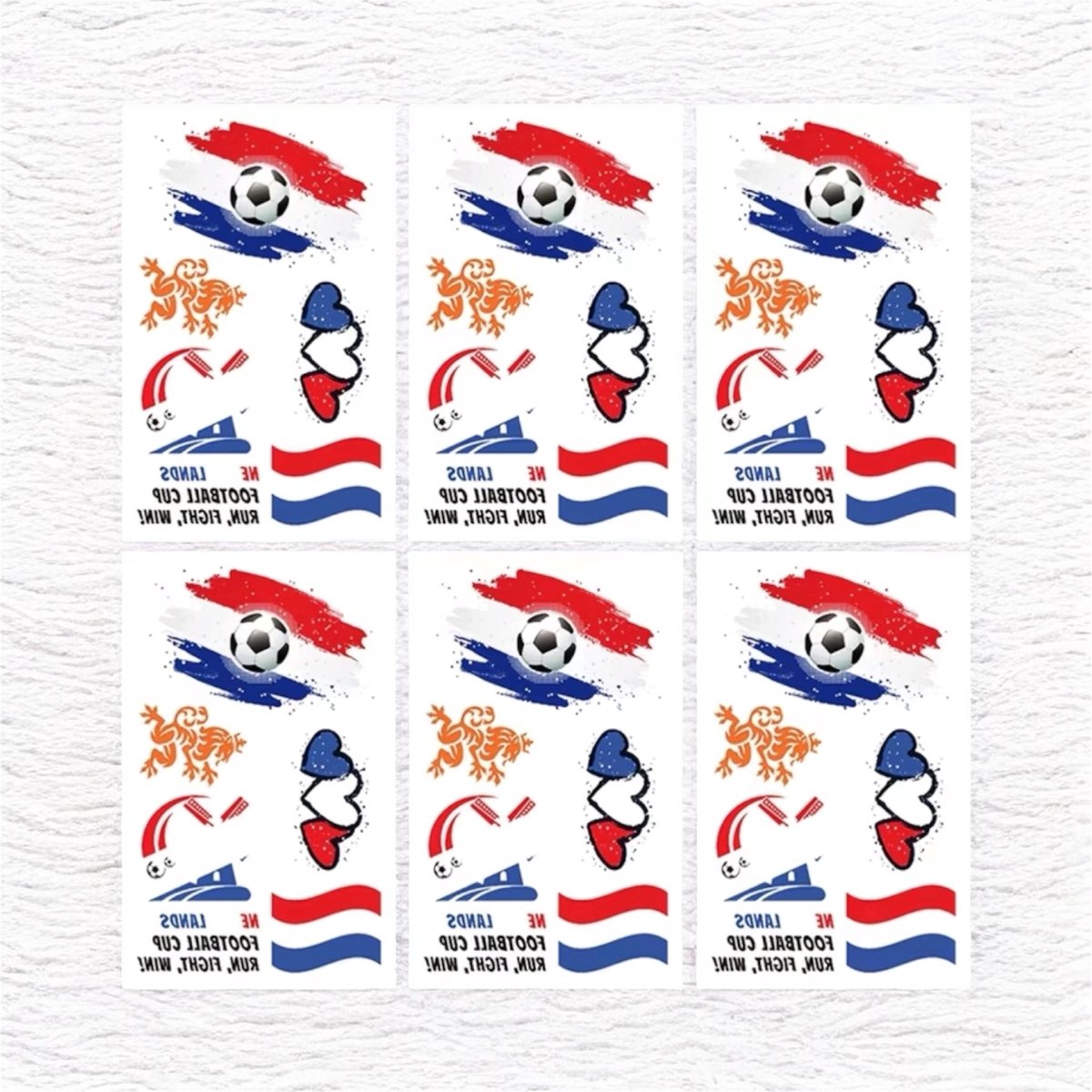 Tattoo Stickers Voetbal Holland Nr: 914 ( Orange Leeuw/Nederlandse Vlag etc (6 Vellen 12 x 7.6 cm )