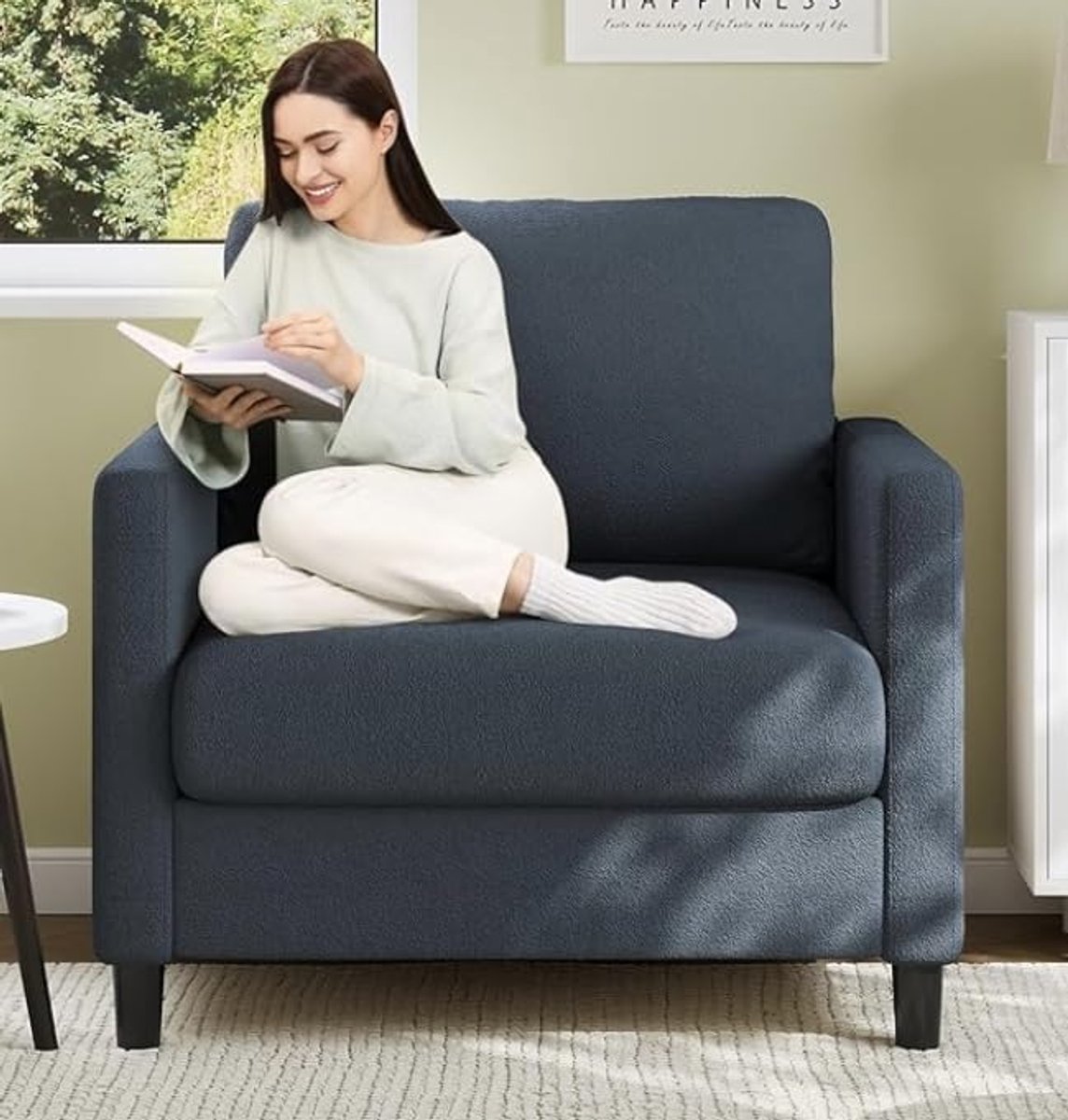 Eenzitsbank - Relaxstoel Comfortabel met Armleuning en Rugleuning - Gestoffeerd Mini Bank - Fauteuil Leesstoel geschikt voor Woonkamer Kantoor of Werkkamer - Blauw