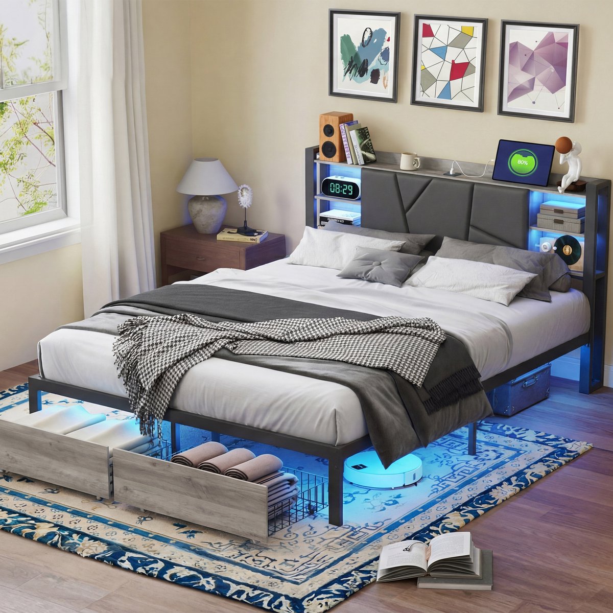 MEXUS Gestoffeerd Bed 140x200 cm met LED-Verlichting & USB – Tweepersoonsbed met 2 Laden, Opbergruimte & Lattenbodem – PU Zwart – Zonder Matras