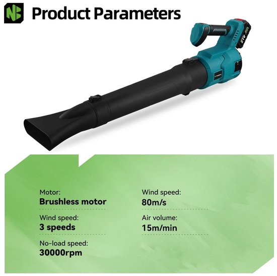 Zerova Bladblazer met 3 versnelingen - Blazer - Blower - Voor blaadjes, sneeuw, stof, zand en auto - 30.000 RPM - 21 V - Aqua — afbeelding 5