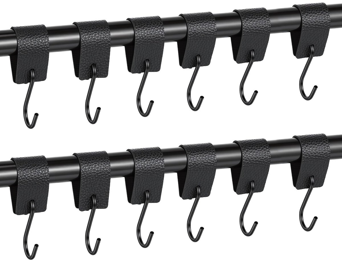 Dailygoods- S-haken 12 stuks - PVC-leer met metalen haak - Zwart - Ophanghaken voor garderobe/keuken/badkamer - Draagkracht 3 kg - Hoogwaardige kwaliteit