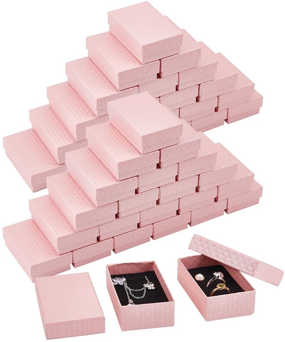 Dailygoods- Juwelendoosjes 48 Stuks - Kartonnen Geschenkdozen met Deksel - Roze Diamantpatroon - 8,4 x 5,35 x 2,9 cm - Fluwelen Spons voor Ringen