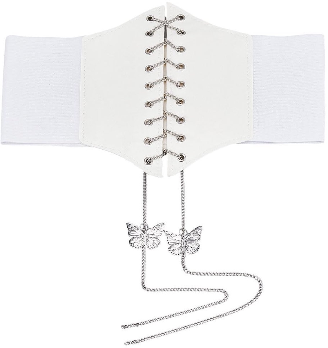 Dailygoods- Tailleriem Verstelbaar 69 cm - Elastische Tailleriem - Gouden Vlinder - Zilveren Ketting - Tailleband voor Dames - Uniek Design - Corsetband
