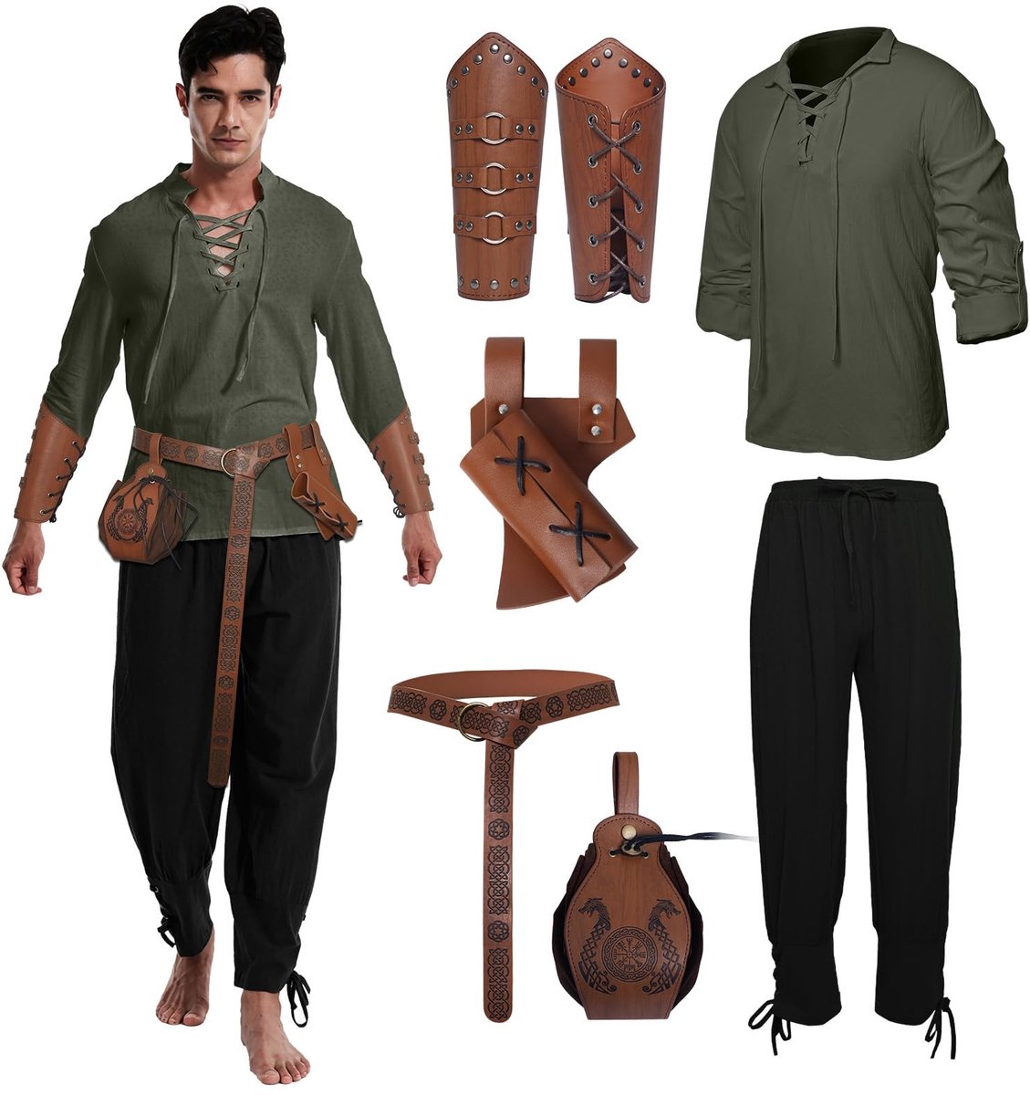 Dailygoods- Middeleeuwse Kleding Heren Set - Viking Kostuum - Piraten Kostuum - Broek met Armbeschermers - Riem en Muntentas - Ademend Katoen/Linnen