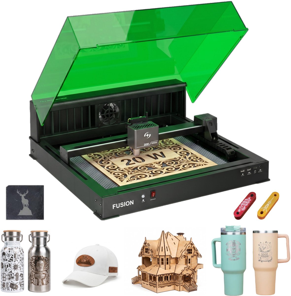 AtomStack Fusion Modulaire Desktop Lasergraveerder & Snijmachine, Klasse 1, 20 W (20000 mW) Diode, Gesloten Behuizing, Snelheid 600 mm/s, Werkgebied 32,5 × 29 cm, LightBurn Compatibel