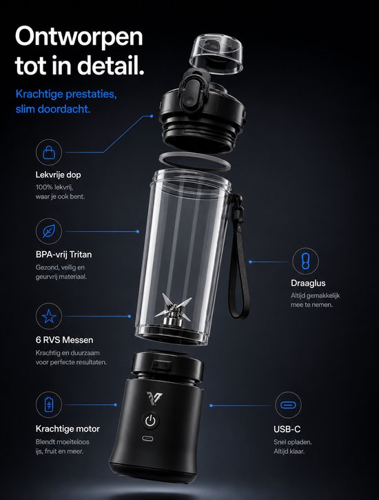 Vipes® - Draagbare oplaadbare Blender - 600ML - Wit - 6 Messen - 4000mAh - LED-verlichting - Portable - Blender to go - Mini Juicer - Smoothie Maker - Draadloos - Ideaal voor Shakes, Smoothies en Meer - Geschikt voor Reizen, Kantoor en Sport van Vipes — afbeelding 5
