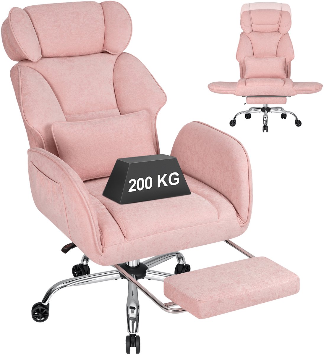 HOFFREE Ergonomische Bureaustoel Kleermakerszit met Voetensteun - Roze - Opklapbare Armleuningen, 135° Verstelbare Rugleuning, Chenille Stof, Belastbaar tot 200 kg