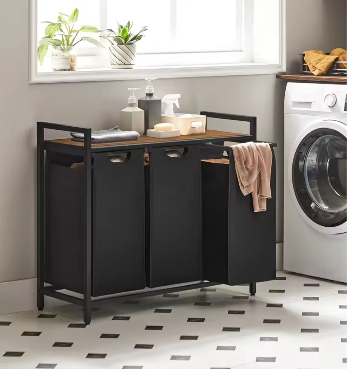LeeuwenChoice® Wasmand 3 Vakken - Waskastje Met Opslag & Plank - Oxford Stof Waszak - Uitschuifbaar & Verwijderbaar - 33x92x72cm