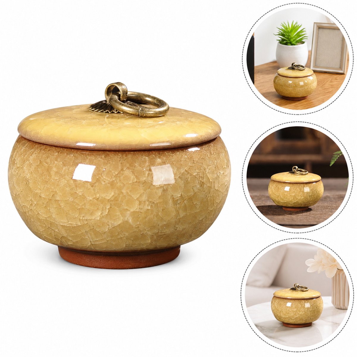 Keramische Gedenkurn - Mini urn van keramiek - Ljskraakpatroon - 60ml - Gedenkurn voor mens en huisdierenen - Geel