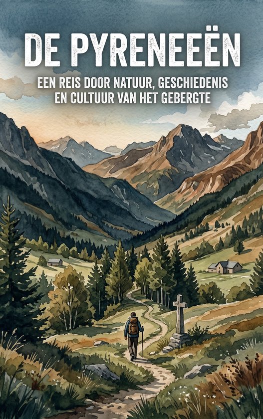 Couverture de livre avec le titre 'DE PYRENEËEN'. Paysage de montagne avec un sentier, des arbres et des maisons.