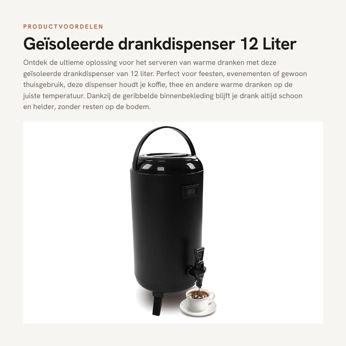 Dailygoods- Drankdispenser 12 l - Geïsoleerd - Roestvrij Staal - Temperatuurweergave - Geribbelde Binnenbekleding - Geschikt voor Warme Dranken - Thermodispenser