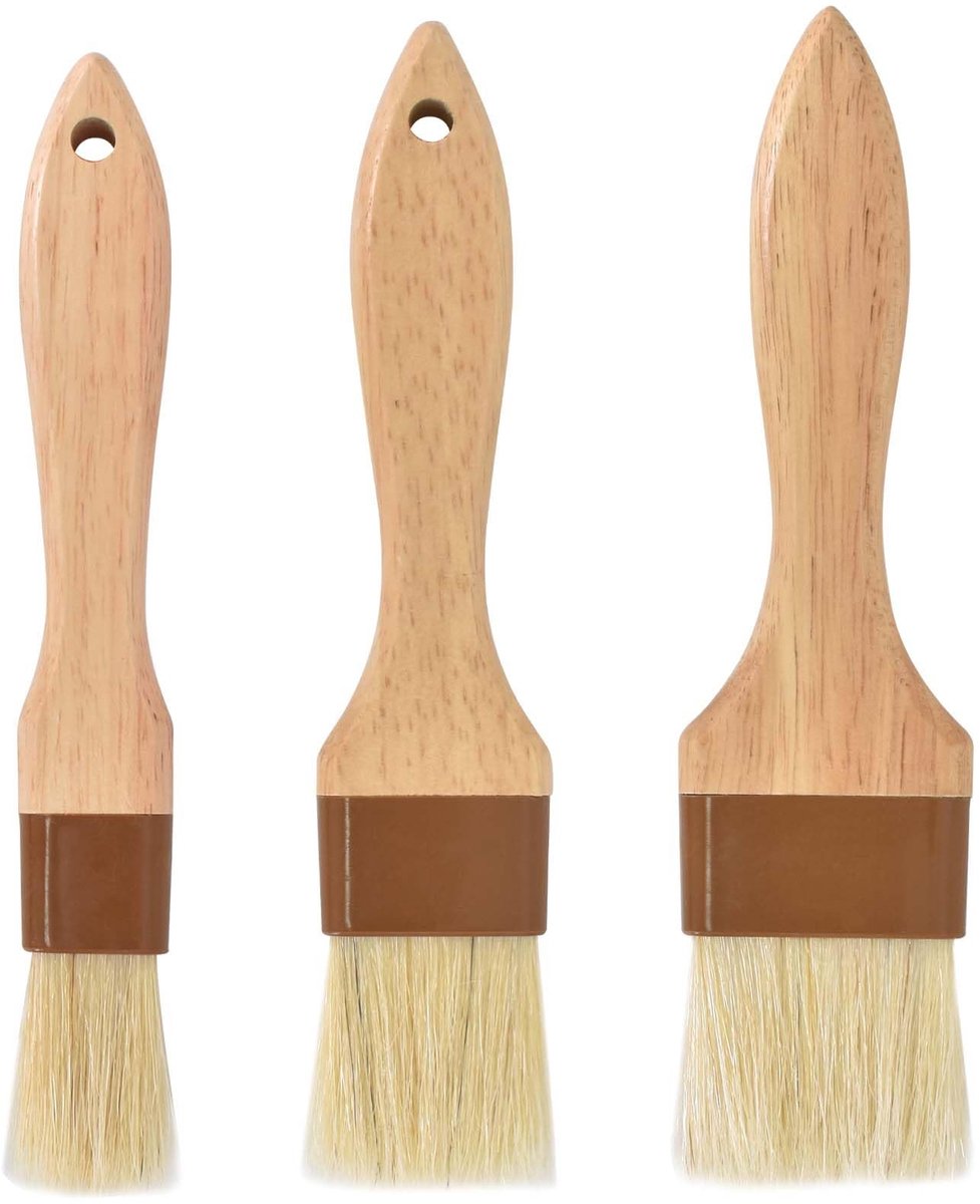 Dailygoods - 3 stuks houten bbqkwasten, keukenkwast voor barbecue, natuurlijke borstelharen gebak, bakkwast met natuurlijke haren, broodborstel met lange houten handgreep, voor bakken, koken, grillen en outdoor