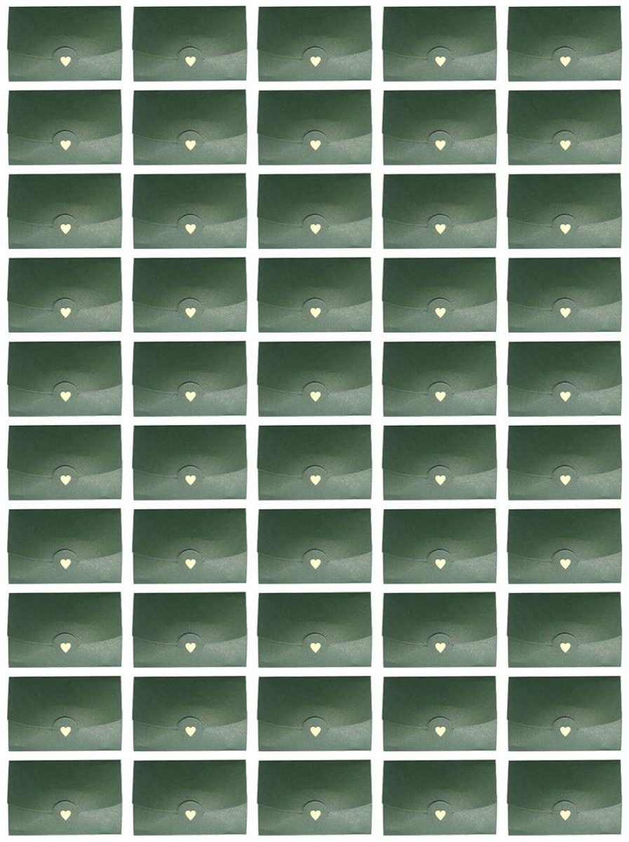 Dailygoods - 50 stuks cadeaukaart enveloppen met hartvormige sluiting, warmgestempelde liefdesenvelop voor doe-het-zelf cadeaukaarten, Kerstmis, Valentijnsdag (groen)
