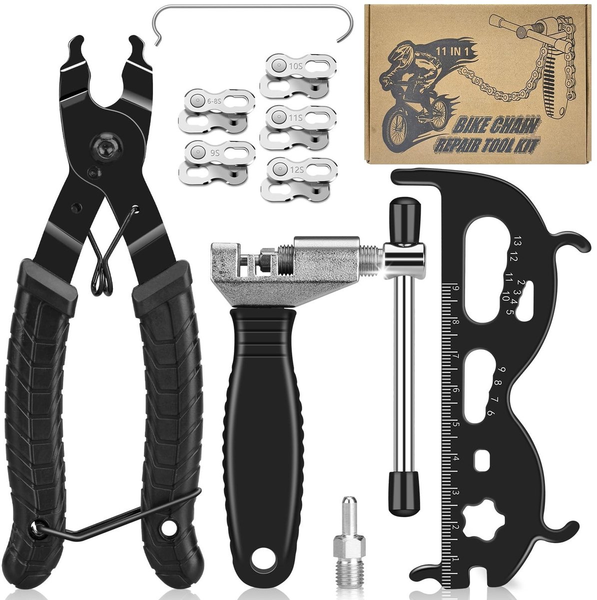 Dailygoods- Kettingpons Fietsgereedschap - Fietsketting Reparatieset - Kettingslot Tang - Kettingmeter - 5 Paar Klinknagels - Nauwkeurig en Snel