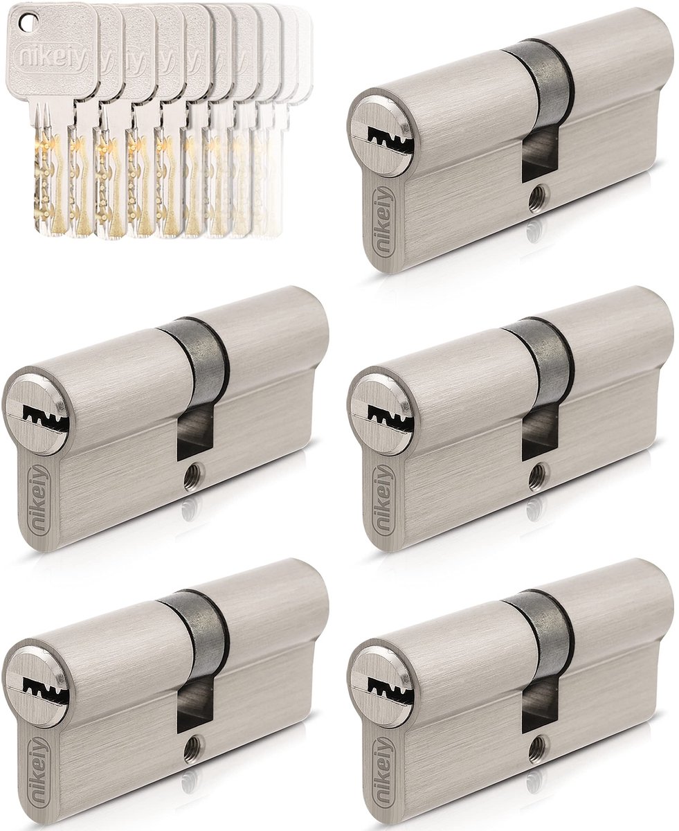 Dailygoods- Cilinderslot 30/30 - Gelijksluitende set 5 profielcilinders - 25 sleutels - Messing mat - Inbraakbeveiligingsklasse A - Veiligheidsklasse 2 - Deurslot