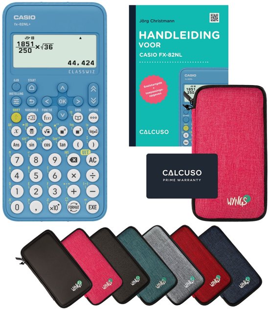 Blauwe Casio fx-82NL+ rekenmachine, roze hoes, handleiding en garantiekaart