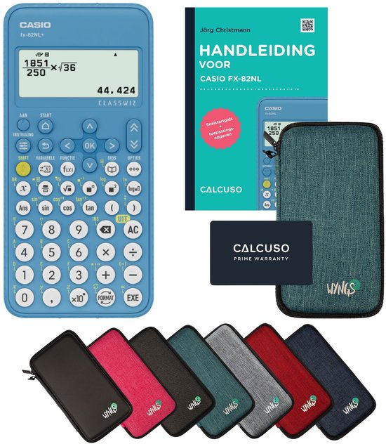 Casio fx-82NL+ rekenmachine in turkoois, met handleiding en turkoois etui. Set bevat ook diverse gekleurde etuis en een garantiekaart.